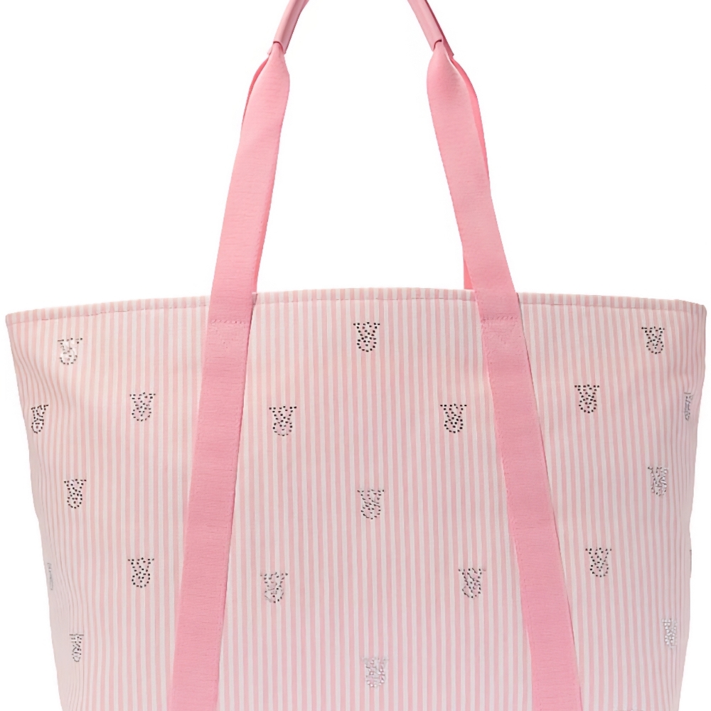 Victoria's Secret Heritage Striped Tote Bag. Rinestone Memograme Emblished. Pink